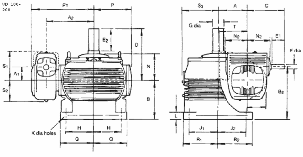 Dimensions of Double Reduction Horizontal Worm Gear Box Type VD